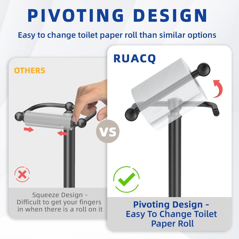 RUACQ Toilet Paper Holder Stand, Bathroom Toilet Paper roll Holder Free Standing with Storage for 4 Rolls, Post Pivoting Design, Stable Weighted Base, SUS304 Stainless Steel (Matte Black) - Image 3