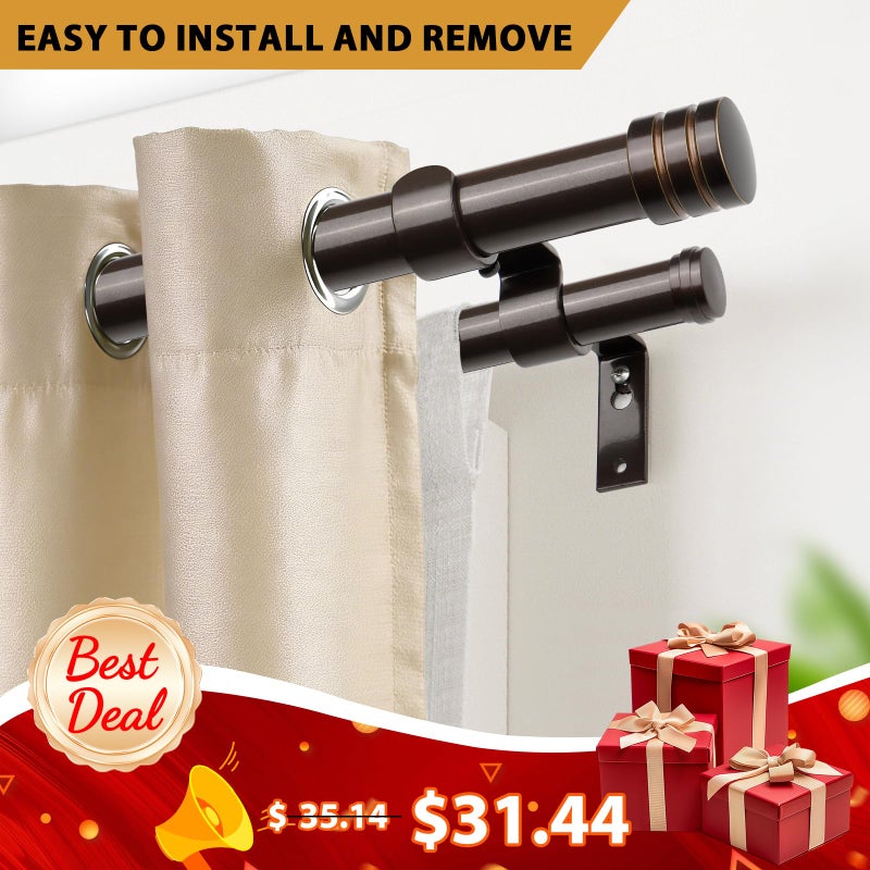 TONIAL1 Inch Double Curtain Rods for Windows 66 to 120 Inches (6-12ft), Heavy Duty Decorative Drapery Rod for 32 to 144 Inches (5.75-11.7ft) with Classic Cap Finial, Bronze - Image 3