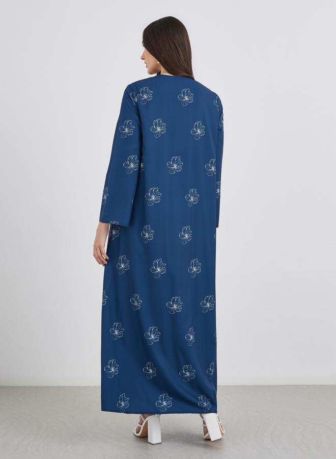 Styli Women Navy Blue Front Tie-Up Abaya with All Over Floral Print - Image 5