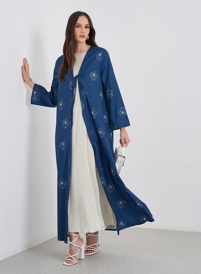 Styli Women Navy Blue Front Tie-Up Abaya with All Over Floral Print - Image 1