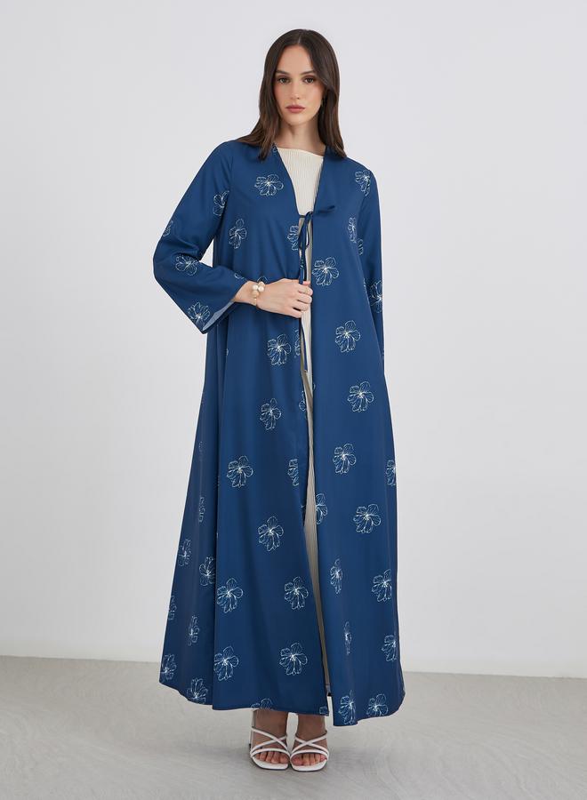 Styli Women Navy Blue Front Tie-Up Abaya with All Over Floral Print - Image 2
