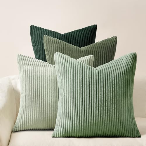 Topfinel Light Green Decorative Throw Pillow Covers Green SeriesWinter Fluffy Corduroy Striped Euro Pillows Shams for Couch Bed BedroomWestern Modern Hunter Green Pillowcase 20x20 Inch Set of 4 - Image 1