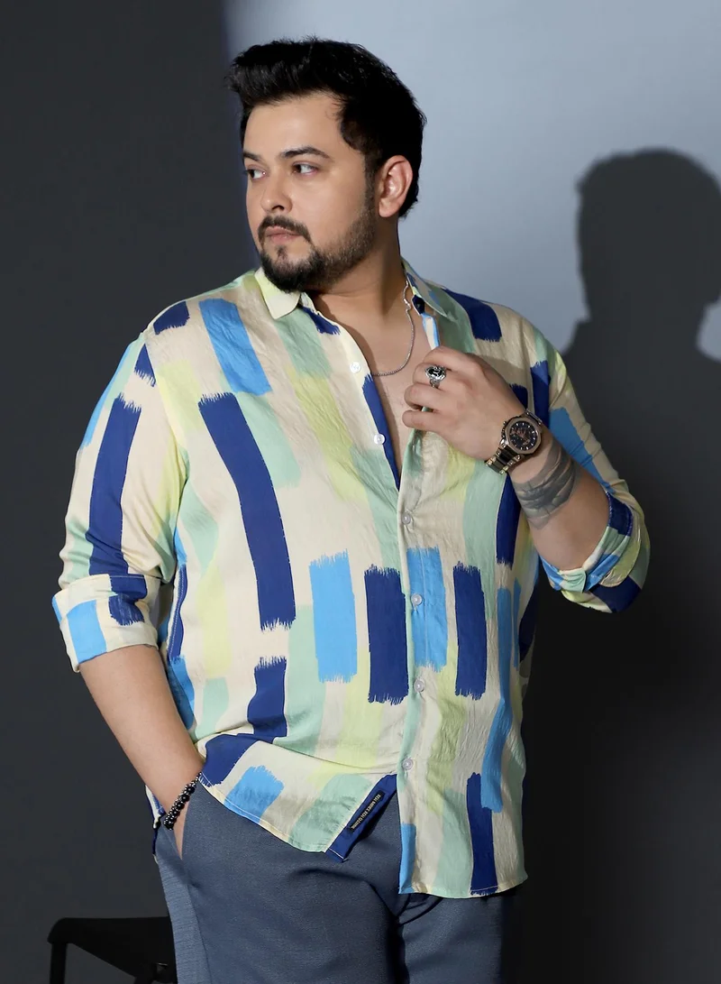 Instafab Plus Instafab Plus Men Pigment-Strokes Imprint Shirt | Spread Collar , Long Cuffed Sleeves | Button Closure , Curved Hem | Abstract Print Woven Fabric For Casual & Evening Wear | Sky Blue & Ecru Beige