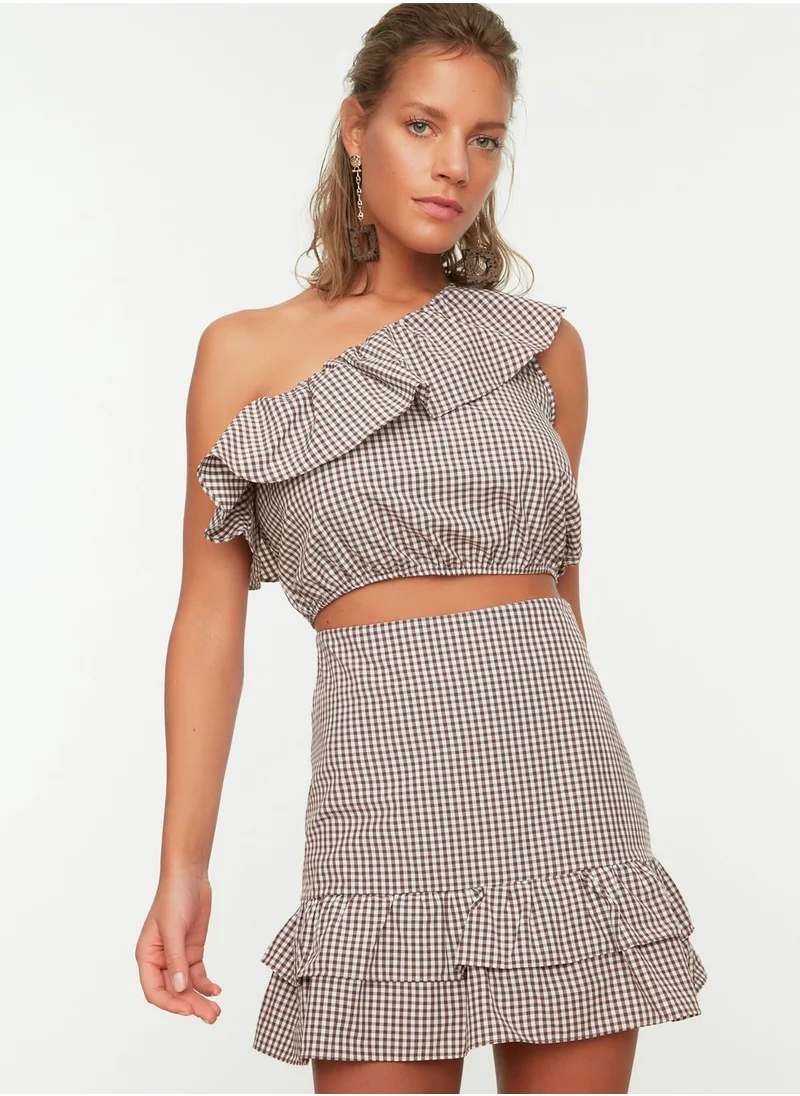 trendyol Ruffle Detail Checked Crop Top & Skirt Set