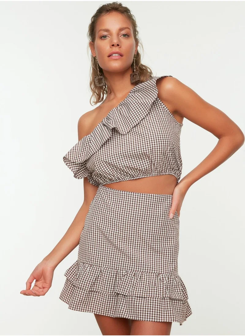 trendyol Ruffle Detail Checked Crop Top & Skirt Set