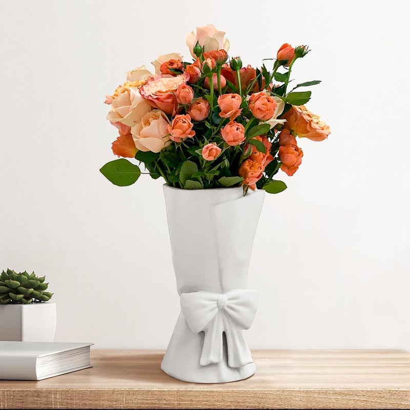 Relexome White Ceramic Bow Vase Unique Cute Decorative Bouquet Flower Vases 9.64 in Easter Mother's Day Spring Decor Vase - Image 1