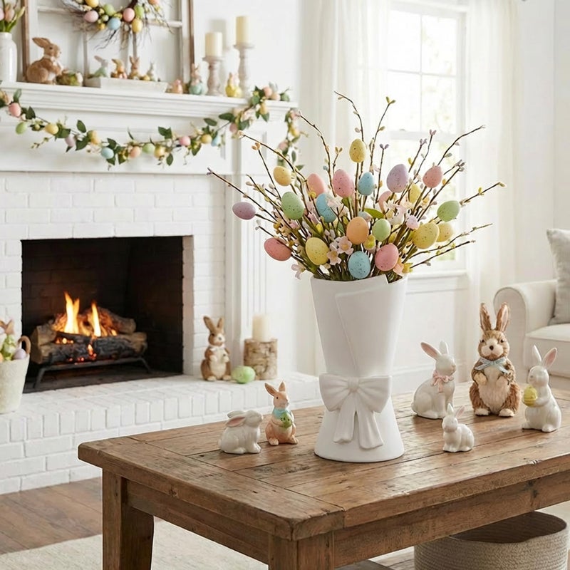 Relexome White Ceramic Bow Vase Unique Cute Decorative Bouquet Flower Vases 9.64 in Easter Mother's Day Spring Decor Vase - Image 5