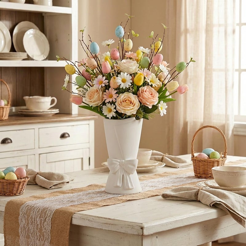 Relexome White Ceramic Bow Vase Unique Cute Decorative Bouquet Flower Vases 9.64 in Easter Mother's Day Spring Decor Vase - Image 4