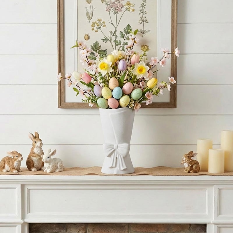 Relexome White Ceramic Bow Vase Unique Cute Decorative Bouquet Flower Vases 9.64 in Easter Mother's Day Spring Decor Vase - Image 3
