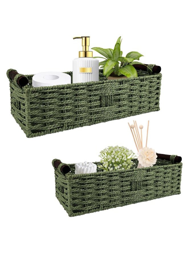 nestery Green Toilet Paper Basket for Bathroom Organizers And Storage, Wicker Toilet Paper Holder Basket with Handles for Desk, Counter, Toilet Tank Topper, Boho Coastal Bathroom Decor 2 PCS - Image 1