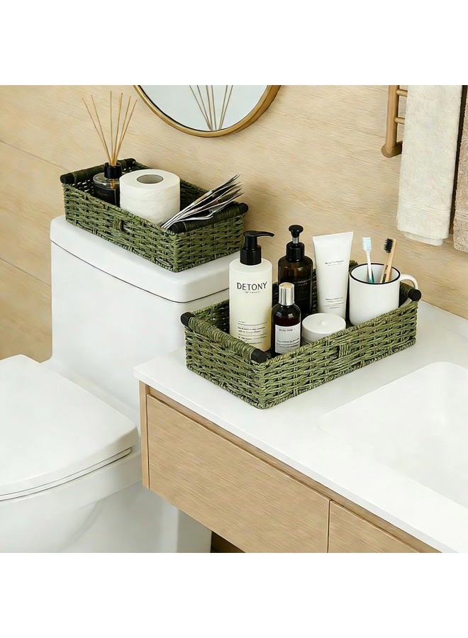 nestery Green Toilet Paper Basket for Bathroom Organizers And Storage, Wicker Toilet Paper Holder Basket with Handles for Desk, Counter, Toilet Tank Topper, Boho Coastal Bathroom Decor 2 PCS - Image 4