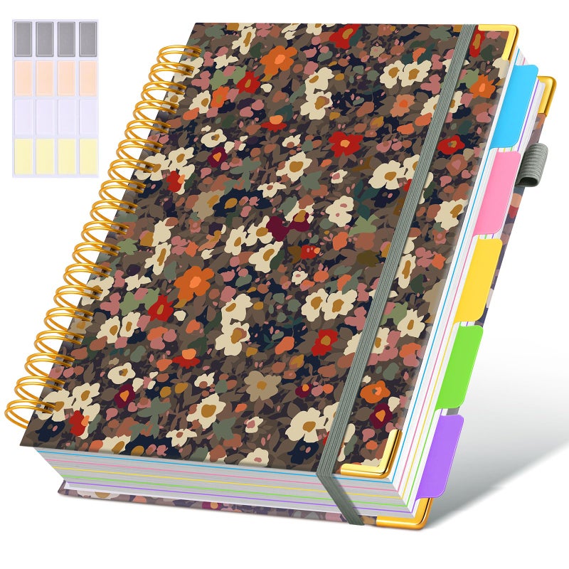 dilitego Hardcover Spiral Notebook Journal with Removable Dividers Tabs, 300 Pages 5 Subject Notebook College Ruled, 8"x10" Large B5 Notebooks for Work School Note taking, Journal for Women, Flower - Image 1