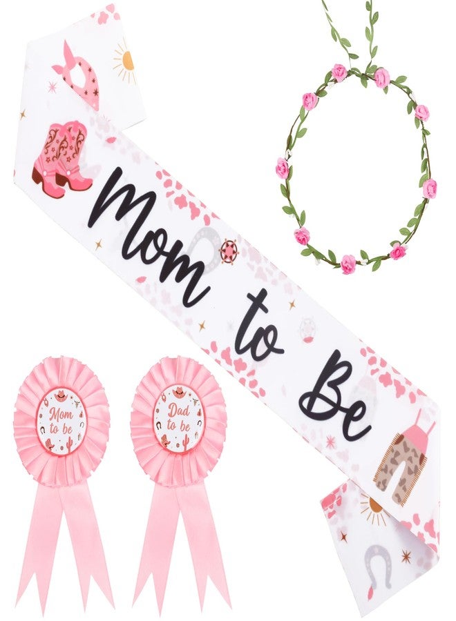 Serencatcher Cowgirl Baby shower Sash and Pins Set, Western Baby Shower Decorations Mom Dad To Be Sash Mom Dad To Be Pin Flower Headband for Western Cowgirl Cowboy Gender Reveals Party Pregnancy Props - Image 1