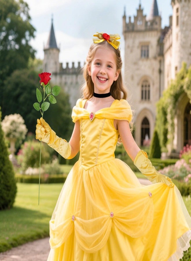 Jmkcoz Princess Costume Accessories for Women Halloween Dress Up Yellow Hair Bow Clips Gloves Choker Rose Set for Birthday Cosplay Party - Image 2