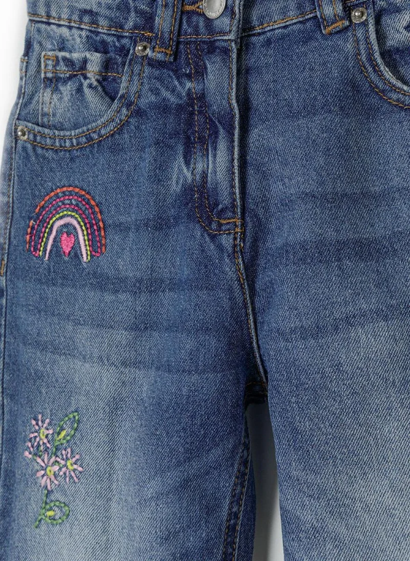 MINOTI Girls Embroidered Distressed Denim Jeans with Flower & Rainbow Details
