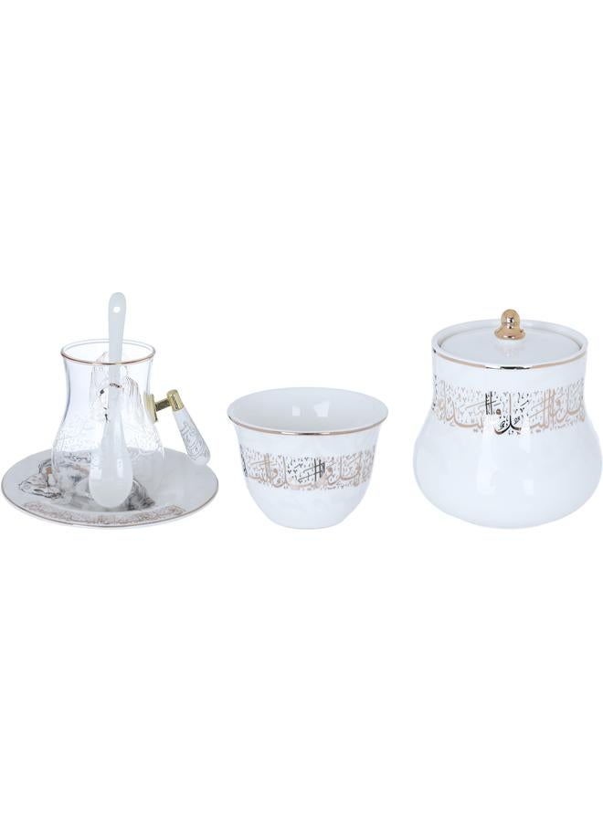 السيف  طقم تقديم الشاي والقهوة سهيل زجاجي + بورسلين مع صحون بنمط عربي 26 قطعة باللون الأبيض - Image 1