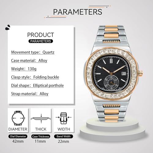 BARAMON Wrist Watches for Men, Nautilus Stainless Steel Quartz Movement Date Luxury Diamond Style Men's Luminous Hands Casual Business Watches - Image 2
