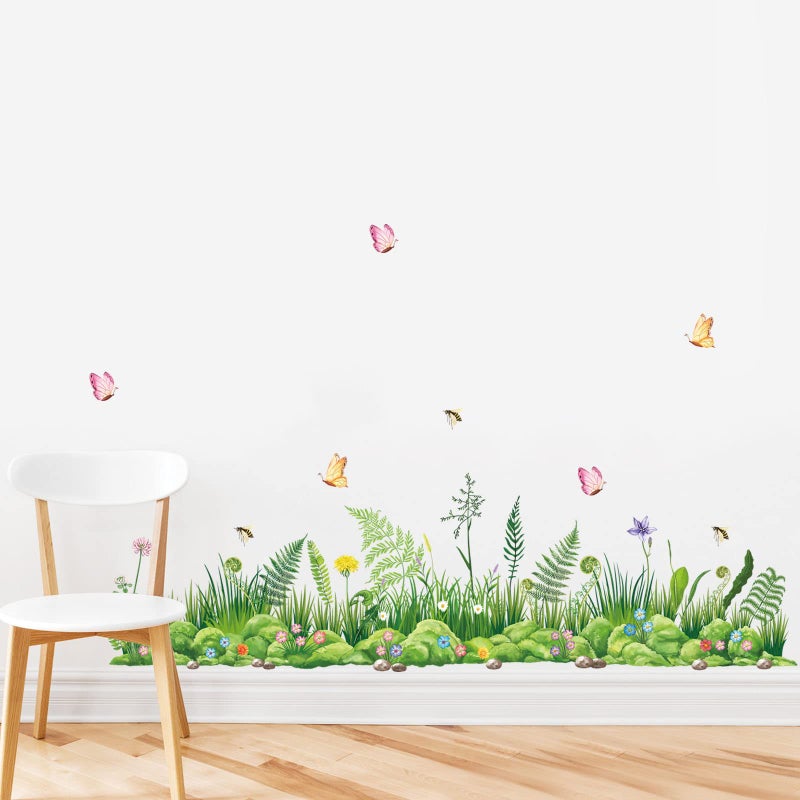 decalmile Green Grass Wall Decals Meadow Ferns Butterflies Wall Stickers Corner Bedroom Living Room Kitchen Wall Decor - Image 2