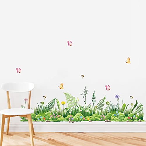 decalmile Green Grass Wall Decals Meadow Ferns Butterflies Wall Stickers Corner Bedroom Living Room Kitchen Wall Decor - Image 1