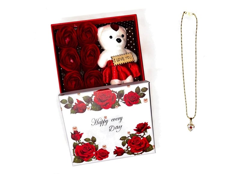 KHUSHA CREATIONS KHUSHA CREATIONS Artificial Red Scented Roses Teddy With Heart Pendant Necklace Gift Combo pack for Propose GirlfriendBoyfriendValentines dayAnniversary GiftBirthday GiftWifeHusband 