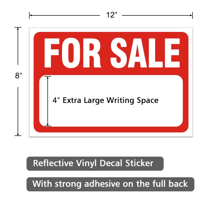 Ayifan 2 Pack For Sale Sign Stickers,12" x 8" Sale Sign for Car and Vehicles, Self-Adhesive Vinyl Decal for House,Home,Boats,Large Space for Handwriting Red - Image 2