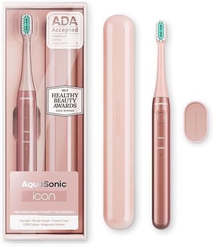 Aquasonic Icon ADAAccepted Rechargeable Toothbrush Magnetic Holder Slim Travel Case 2 Brushing Modes Smart Timers Gentle MicroVibrations Blush