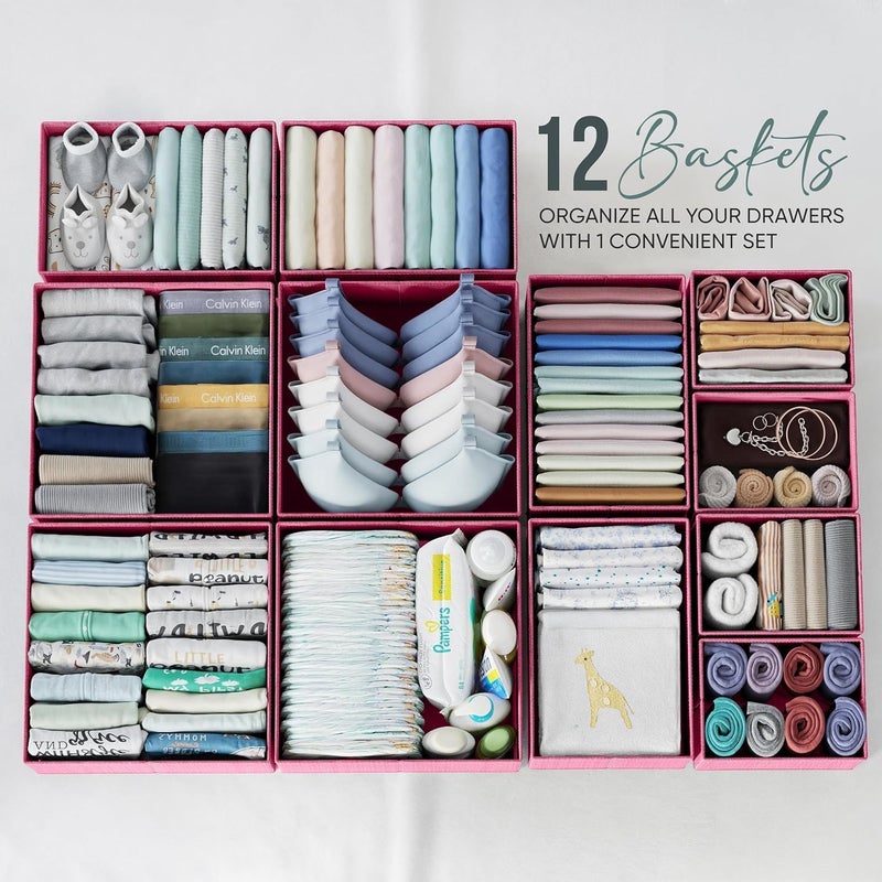 NEATERIZE Drawer Organizer Set of 12 Pink - Nursery, Bedroom, Closet Organizer & Storage - Image 3