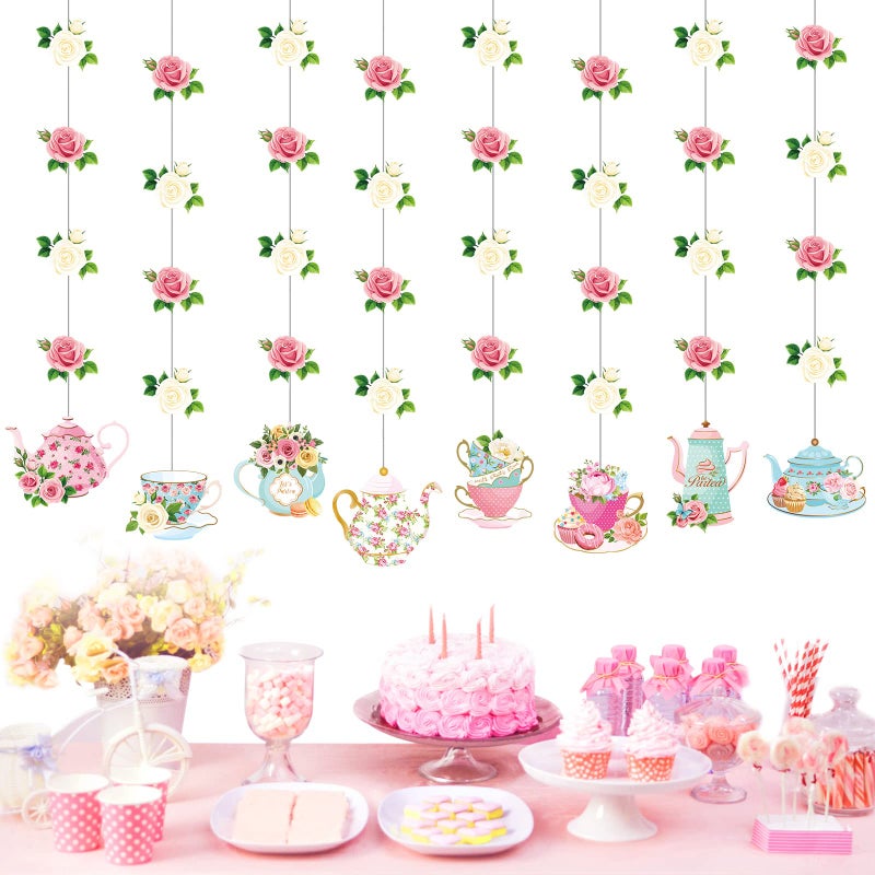 Faccito Floral Tea Party Decorations Double Sided Tea Party Hanging Garland Decor for Baby Shower Gender Reveal Bridal Wedding Favors Girls Women 32 8 Pack