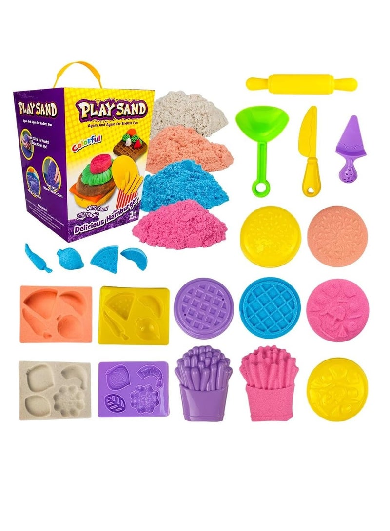 UKR Magical Moldable Sand Kit – 908g Colorful Craft Toys for Kids with Hamburger Molds & Tools – Sensory DIY Educational Set for Indoor & Outdoor Play (Food Fun) - Image 1