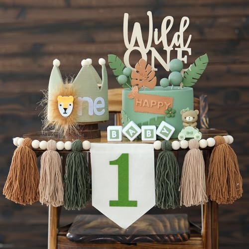 HODIHIWI Wild One 1st Highchair Banner Wood Bead Tassel Garland Lion Crown Hat Wooden Cake Topper Birthday Party Decorations - Image 1