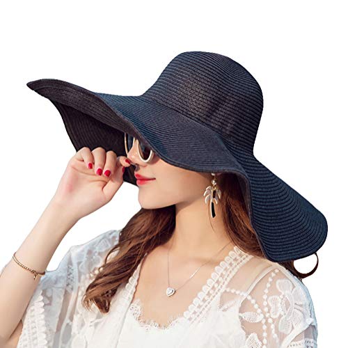 ericotry Women's Ridge Wide Floppy Brim Summer Hat Large Brimmed Garden Beach Sun Hat Big Summer Sun Hat Straw Cap Party Garden Travel Black - Image 1