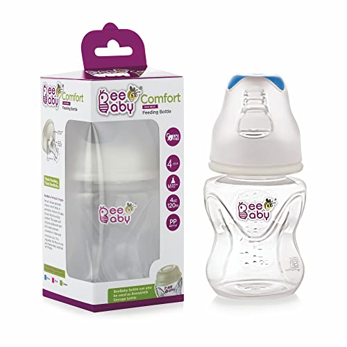 BeeBaby Comfort Slim-Neck Baby Feeding Bottle – Anti-Colic, 100% BPA Free Silicone Nipple, Regular Neck – Infant & Toddler Newborn Feeding, Blue (120 ML) - Image 1