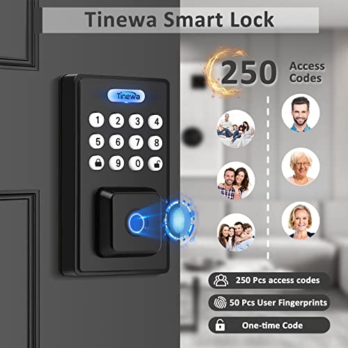 Tinewa Fingerprint Entry Door Lock, Exterior Smart Door Lock for Home & Apartment, Electronic Code Keypad Deadbolt with Keys, Black Locks for Front Door, Auto Lock, Anti-Peeping Password, App Control - Image 2