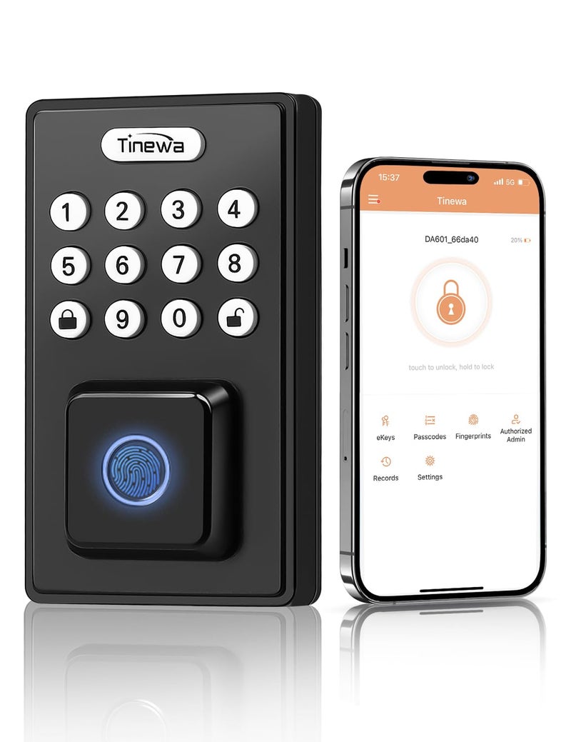 Tinewa Fingerprint Entry Door Lock, Exterior Smart Door Lock for Home & Apartment, Electronic Code Keypad Deadbolt with Keys, Black Locks for Front Door, Auto Lock, Anti-Peeping Password, App Control - Image 1