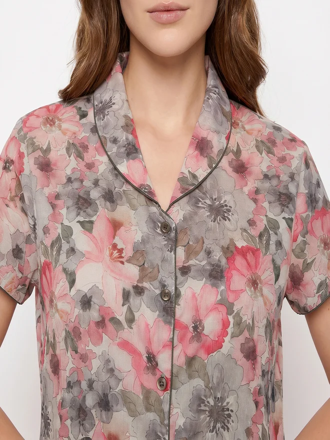 Mish Grey Floral Cotton Shirt and Pyjama Set