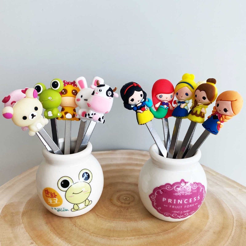HENWAFX Fruit Fork Cute Set of 6 Fruit Forks with Holder Stainless Steel Food Pick Forks for Home Cartoon fairy princess