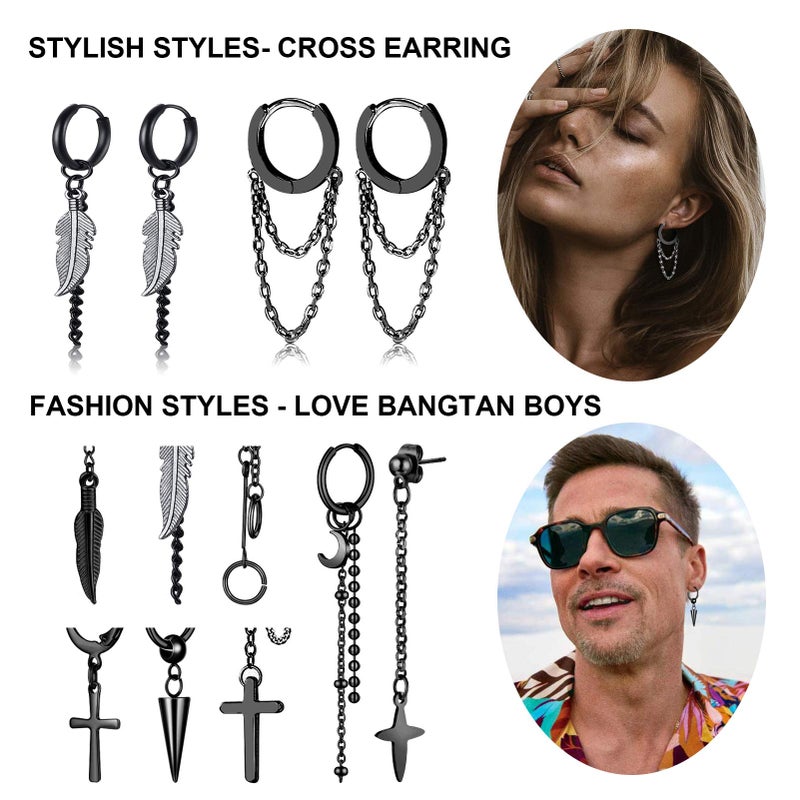 FIFATA 20 Pieces Men Earrings Set - Black Stainless Steel Chain Hoop Earrings Cross Moon and Star Dangle Earrings Piercing Jewelry for Men Women - Image 2