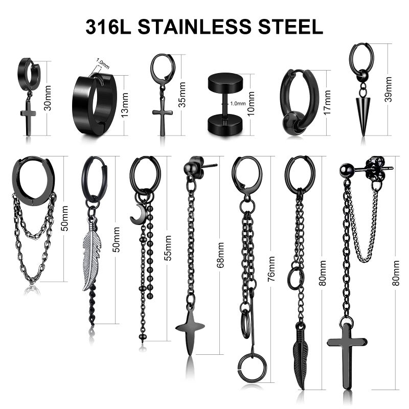 FIFATA 20 Pieces Men Earrings Set - Black Stainless Steel Chain Hoop Earrings Cross Moon and Star Dangle Earrings Piercing Jewelry for Men Women - Image 4