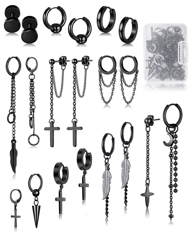 FIFATA 20 Pieces Men Earrings Set - Black Stainless Steel Chain Hoop Earrings Cross Moon and Star Dangle Earrings Piercing Jewelry for Men Women - Image 1
