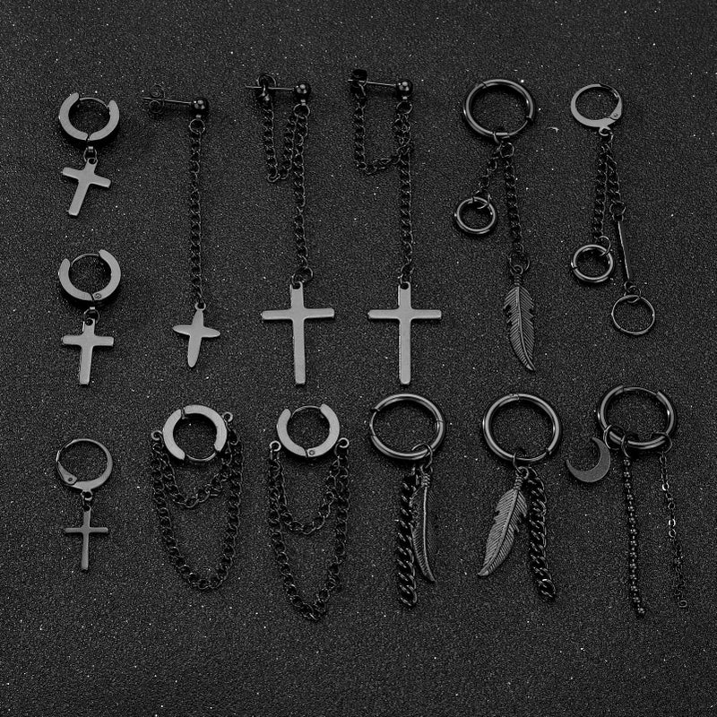 FIFATA 20 Pieces Men Earrings Set - Black Stainless Steel Chain Hoop Earrings Cross Moon and Star Dangle Earrings Piercing Jewelry for Men Women - Image 5