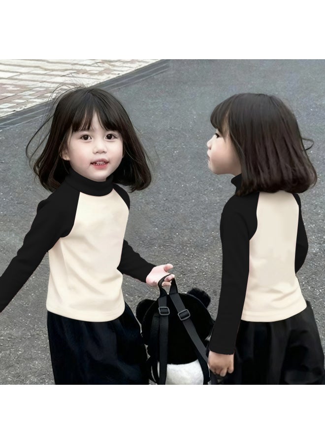 Girls' Thermal Base Layer Top Autumn And Winternew Style For Older Children, Half Turtleneck, Warm Inner Layer, Color-blocking Long Sleeves