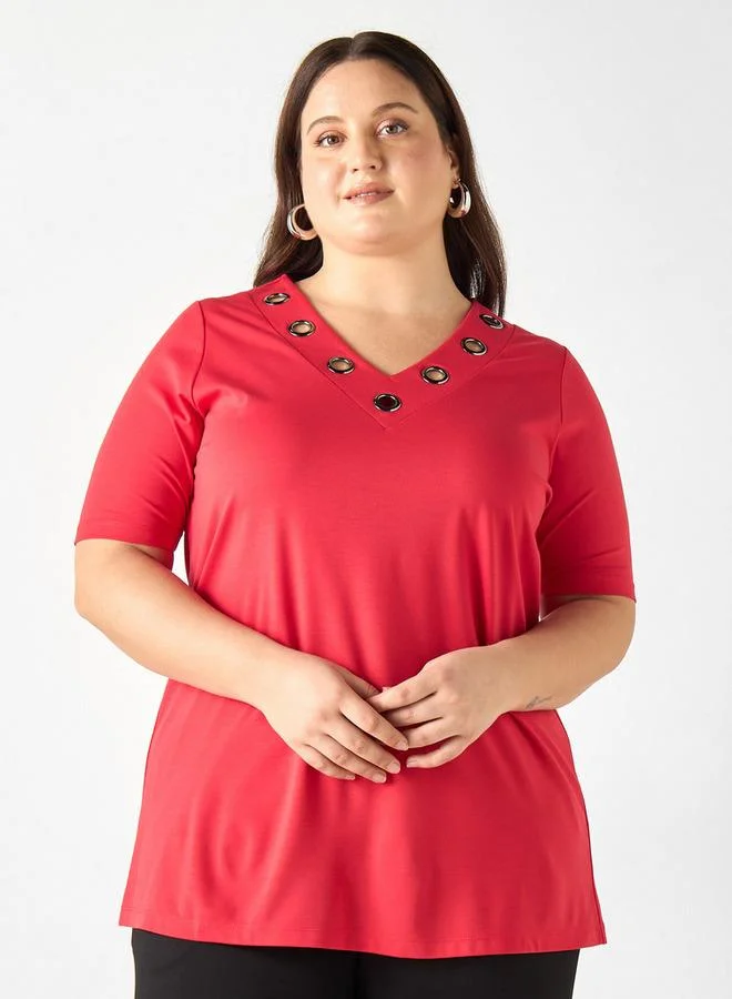 Ulla Popken Plus Size Ulla Popken Metal Accent V-neck Top with Short Sleeves