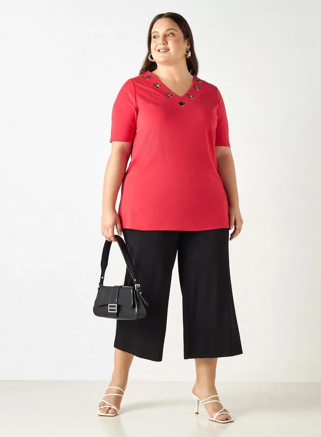 Ulla Popken Plus Size Ulla Popken Metal Accent V-neck Top with Short Sleeves