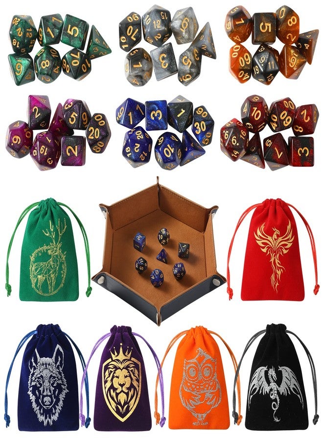 Grajar DND Dice Set, 42 Pcs polyhedral dice Set with 6 Colorful Animal Pattern Dice Bag and PU Leather and Velvet dice Tray for Dungeons and Dragons D&D RPG MTG Table Games Starry Sky - Image 1