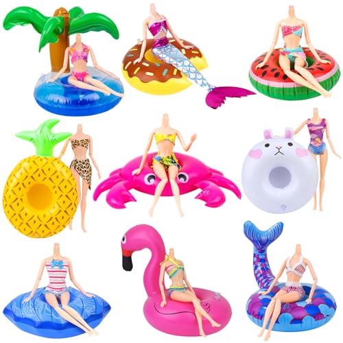 18INDC 9Pcs Doll Swimming Pool Inflatable Float Including Flamingos Donuts Pineapples Shells Crabs Rabbit Inflatable Drink Holder for Pool Party and Kids Toys - Image 1