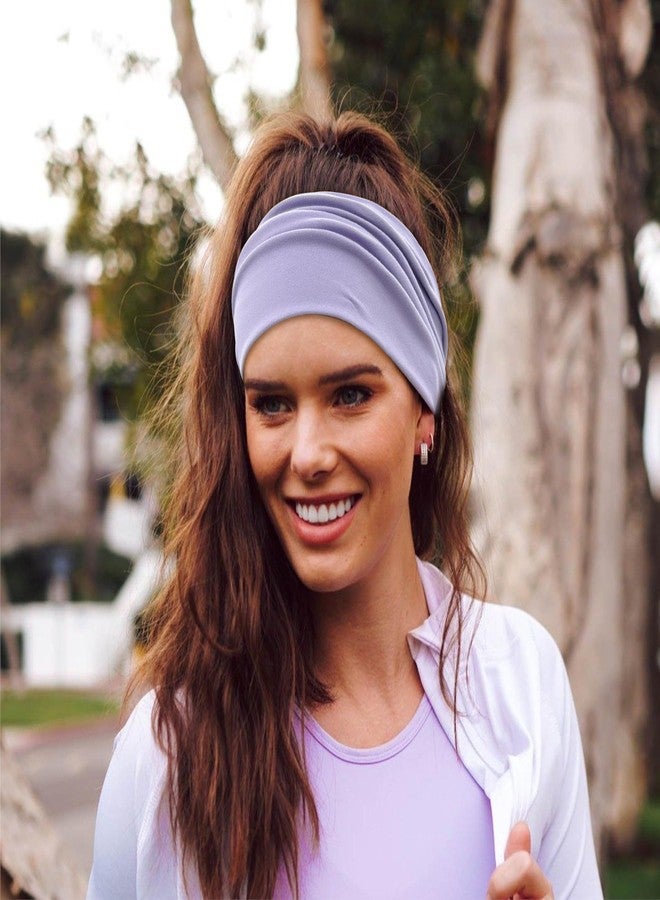 جيلي مجموعة من قطعتين من ربطات الشعر العريضة للنساء من جيلي، ربطات شعر عصرية غير قابلة للانزلاق بنمط بوهيمي، مناسبة لليوغا والجري والرياضة والتمارين الرياضية، مصنوعة من قماش قطني ناعم ومرن، عمامة وباندانا للبنات (بنفسجي فاتح، أزرق فاتح). - Image 4