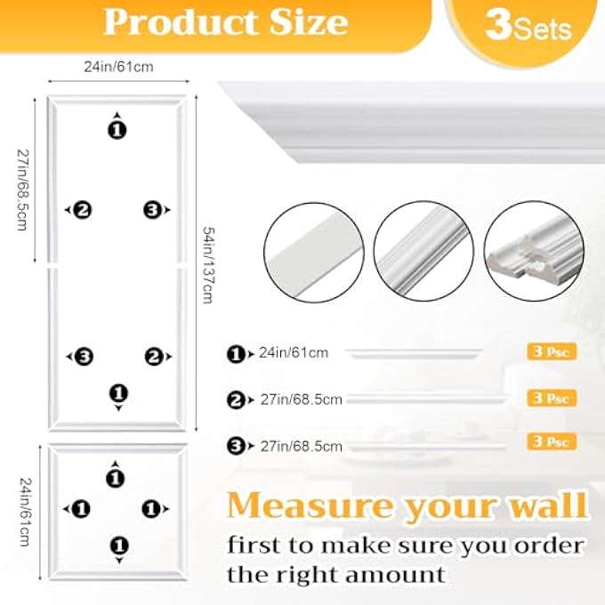 3 SET PEEL AND STICK WALL MOLDING KIT SELF ADHESIVE WALL BASE BASEBOARD MOLDING TRIM PRE CUT WAINSCOTING TRIM PANELS FOR INTERIOR DECORATION PREMADE ACCENT MOULDING PANEL(54 X 24 IN,WHITE) - Image 3