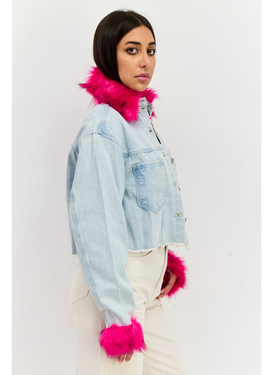 Vintage Supply - Women Faux Fur Trim Denim Jacket, Light Blue - Image 1