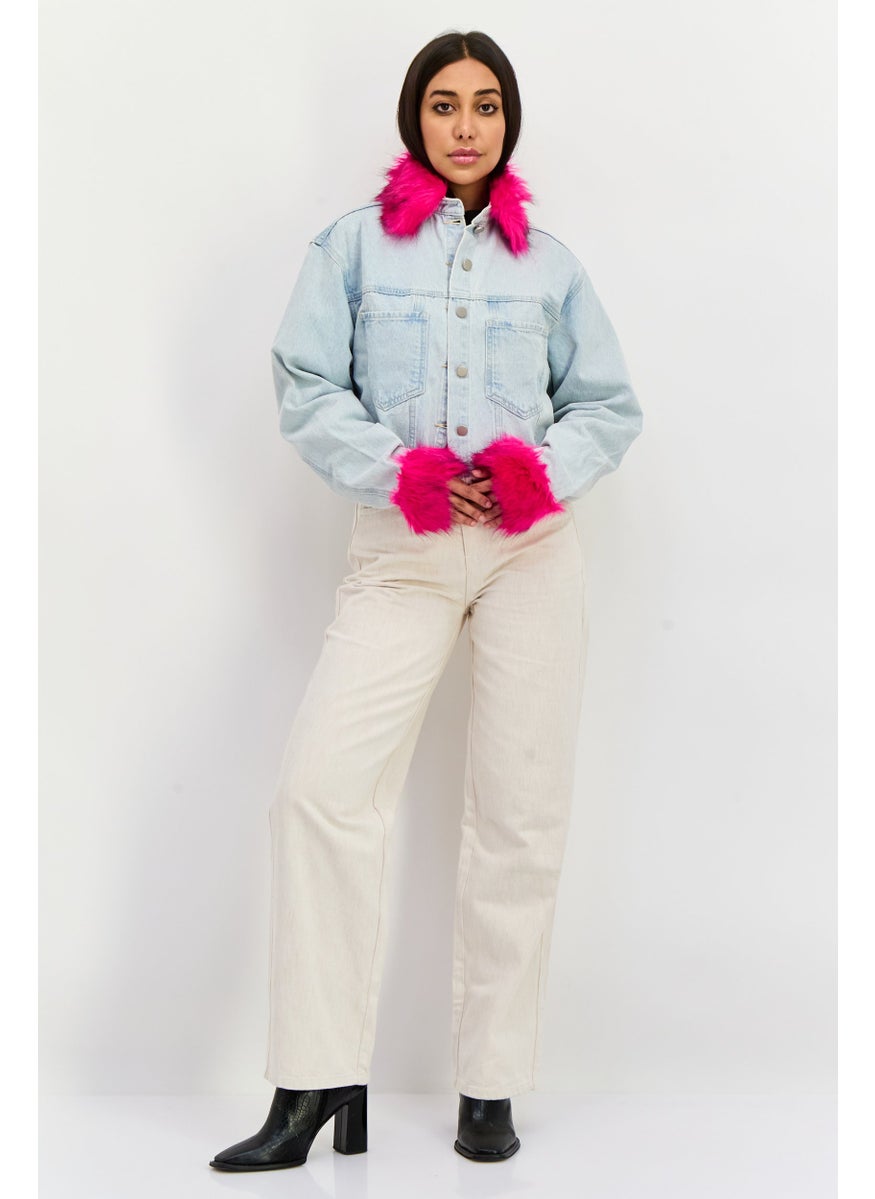 Vintage Supply - Women Faux Fur Trim Denim Jacket, Light Blue - Image 1