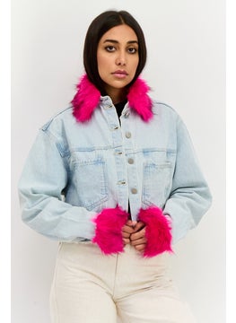 Women Faux Fur Trim Denim Jacket, Light Blue